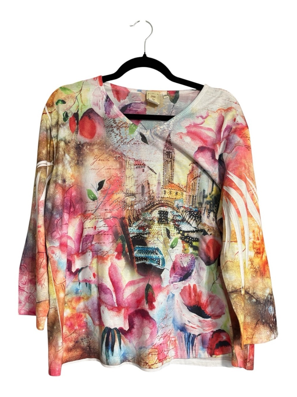 Jess & Jane Venice Alley XL Rhinestone Floral Cityscape 3/4 Sleeve Top Made USA
